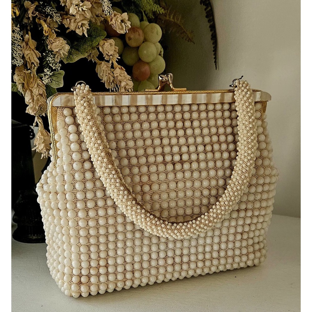 1960s Ivory Beaded  Handbag Purse Hong Kong